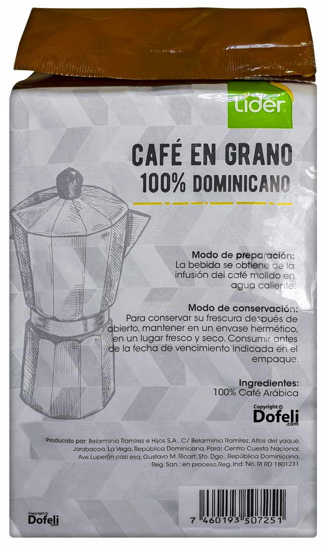 Líder Dominican Republic coffee in whole roasted beans, 100% Arabica with authentic aroma and flavor.